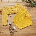 2-piece Kid Girl 100% Cotton Off Shoulder Hollow out Button Design Long-sleeve Crop Top and Elasticized Solid Pants Casual Set Ginger