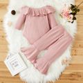 Baby Girl 2pcs Solid Ribbed Ruffle Long-sleeve Romper and Flared Pants Set Pink