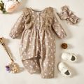2pcs Baby Girl All Over Floral Print Long-sleeve Ruffle Button Jumpsuit Set Khaki