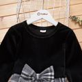 Kid Girl Bowknot Design Long-sleeve Stitching Velvet Plaid Pleated Dress Black image 3