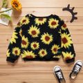 Kid Girl Floral Sunflower Print Fuzzy Sweater Black