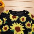 Kid Girl Floral Sunflower Print Fuzzy Sweater Black
