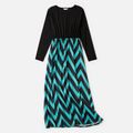 Chevron Stripe Print Blue and Black Splicing Long Sleeve Midi Dress for Mom and Me Black