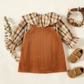 Baby Girl 2pcs Ruffle Plaid Long-sleeve Top and Solid Corduroy Overall Dress Set Color block