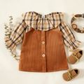 Baby Girl 2pcs Ruffle Plaid Long-sleeve Top and Solid Corduroy Overall Dress Set Color block