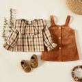 Baby Girl 2pcs Ruffle Plaid Long-sleeve Top and Solid Corduroy Overall Dress Set Color block image 2