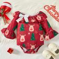 Baby Girl 2pcs Christmas Deer and Tree Print Ruffle 3/4 Sleeve Romper Set Burgundy