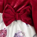 Christmas Snowman Print Baby Girl Splicing Velvet Long-sleeve Bowknot Dress Red