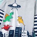 Toddler Boy Dinosaur UFO Building Print Stripe Long-sleeve Tee Light Grey