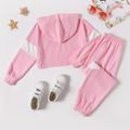 2-piece Kid Girl Letter Print Colorblock Hoodie Sweatshirt and Colorblock Pants Set Pink