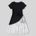Black Short-sleeve Splicing White Lace Hem Maxi Dress for Mom and Me Black/White
