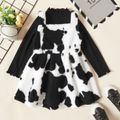 2-piece Toddler Girl Lettuce Trim Ribbed Knit Black Top and Cows Print Fuzzy Overall Dress Set Black