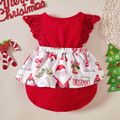 Baby Girl Red Christmas Letter Print Ruffle Splicing Lace Flutter-sleeve Romper Red