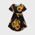 Sunflower Print Family Matching White and Color Block Sets(Irregular Hem Midi Dresses for Mom and Girl ; Loose Short Sleeve T-shirts for Dad and Boy) Black