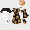 Sunflower Print Family Matching White and Color Block Sets(Irregular Hem Midi Dresses for Mom and Girl ; Loose Short Sleeve T-shirts for Dad and Boy) Black
