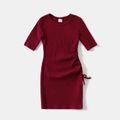 Ribbed Cotton Solid Half-sleeve Bodycon Dress for Mom and Me Cameo brown