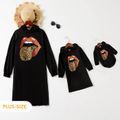Red Lips Leopard Tongue Print Black Long-sleeve Hoodie Dress for Mom and Me Black