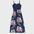 Floral Print Family Matching Sets(Sling Dresses for Mom and Girl ; Short Sleeve T-shirts for Dad and Boy) Dark Blue
