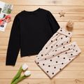 2-piece Kid Girl 100% Cotton Round-collar Long-sleeve Black Top and Polka dots Bowknot Design Paperbag Pants Set Multi-color