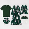 Dark Green Print Family Matching Sets(Floral Print Long Sleeve Dresses and Short Sleeve Shirts or T-shirts) Dark Green