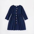 Solid Dark Blue Family Matching Sets（Plaid Button Front Shirts and Long Sleeve Front Button Dresses） Deep Blue