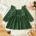 Baby Girl Solid Square Neck Long-sleeve Ruffle Corduroy Dress Set Dark Green