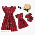 Red Floral Print V-neck Ruffle Sleeve A-Line Dress for Mom and Me Red