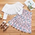 2-piece Kid Girl Off Shoulder Flounce Long-sleeve White Top and Floral Print Skirt Set White