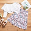 2-piece Kid Girl Off Shoulder Flounce Long-sleeve White Top and Floral Print Skirt Set White