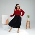 Women Plus Size Sexy Hollow out Front Crisscross V Neck Long-sleeve Burgundy Sweater Burgundy