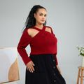 Women Plus Size Sexy Hollow out Front Crisscross V Neck Long-sleeve Burgundy Sweater Burgundy