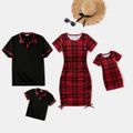 Family Matching Red Plaid Short-sleeve Mini Dresses and Polo Shirts Sets Red image 1