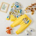 2pcs Baby Boy All Over Cartoon Animal Print Yellow Long-sleeve Hoodie and Trousers Set Color block