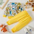 2pcs Baby Boy All Over Cartoon Animal Print Yellow Long-sleeve Hoodie and Trousers Set Color block
