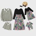 Cotton Allover Plant Print Splice Solid and Stripe Polo Long-sleeve Family Matching Sets Black