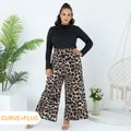 Women Plus Size Casual Leopard Print Wide Leg Pants Coffee