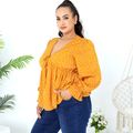 Women Plus Size Vacation Floral Print V Neck Bowknot Design Long Ruffle-sleeve Blouse Ginger