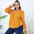 Women Plus Size Vacation Floral Print V Neck Bowknot Design Long Ruffle-sleeve Blouse Ginger