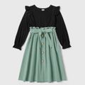 100% Cotton Solid Splice Long-sleeve Matching Dresses Color block