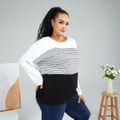 Women Plus Size Casual Stripe Long-sleeve Tee Black/White