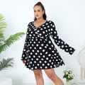 Women Plus Size Elegant Polka dots Surplice Neck Long-sleeve Short Dress Black/White