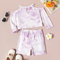 2-piece Toddler Girl Cold Shoulder Tie Dye Long-sleeve Top and Elasticized Shorts Set Color block