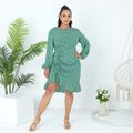 Women Plus Size Elegant Floral Print Round-collar Bishop Sleeve Drawstring Ruffle Hem Short Dress Green