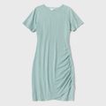 Solid Blue-Green Short Sleeve Bodycon Ruched T-shirt Midi Dress for Mom and Me Turquoise