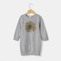 Sunflower Print Grey Long-sleeve Crewneck Sweatshirt Dress for Mom and Me Grey