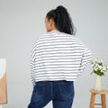 Women Plus Size Basics Round-collar Striped Long-sleeve T-shirt White