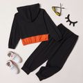 2-piece Kid Boy Letter Print Colorblock Zipper Hoodie Sweatshirt and Elasticized Pants Set Black