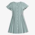 100% Cotton Solid Green Ruffle Short-sleeve V-neck Button Down Dress for Mom and Me Light Green