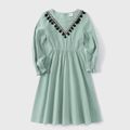 100% Cotton Green Ruffle and Pom Poms Decor Long-sleeve Dress for Mom and Me Light Green