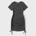 Black Stripe Print Short-sleeve Ruched Side Bodycon Dress for Mom and Me Black/White